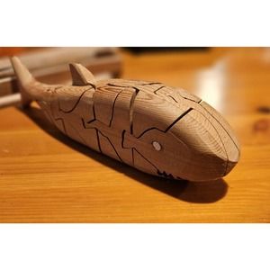 RAY BARRIEAU HANDCRAFTED WOODEN SHARK/MEGALODON PUZZLE W/CAGE. DISCONTINUED